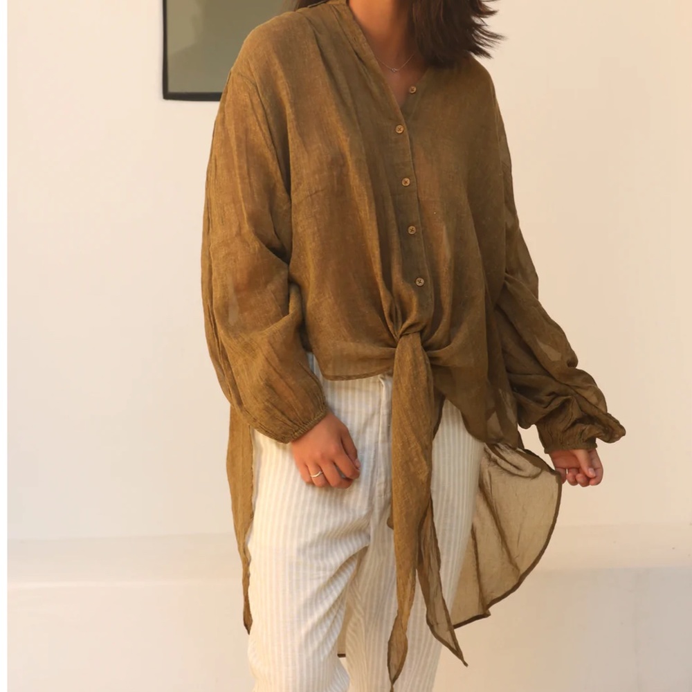 Mes Demoiselles Chipper Blouse in Light Beige Asymmetrical Tie Front size 2